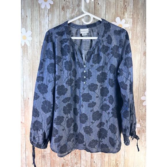 Liz Claiborne Womens Top Sz L Blue Floral Pin Dots Long Sleeves Tie Cuffs V Neck - Picture 1 of 8